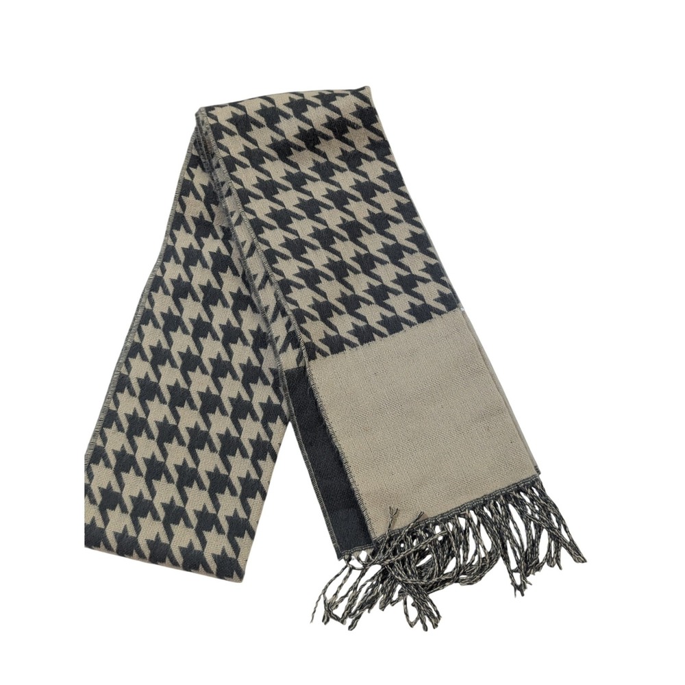 Charming Charlie Houndstooth Scarf Black Tan Fringed Acrylic Wrap 64 x 11